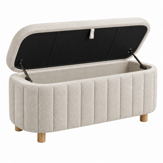 Banc coffre de rangement 120 x 45 x 48 cm en tissu bouclé beige style contemporain